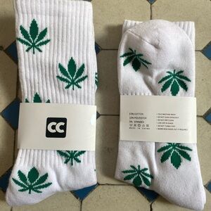 White Socks with Green Leaf Pattern